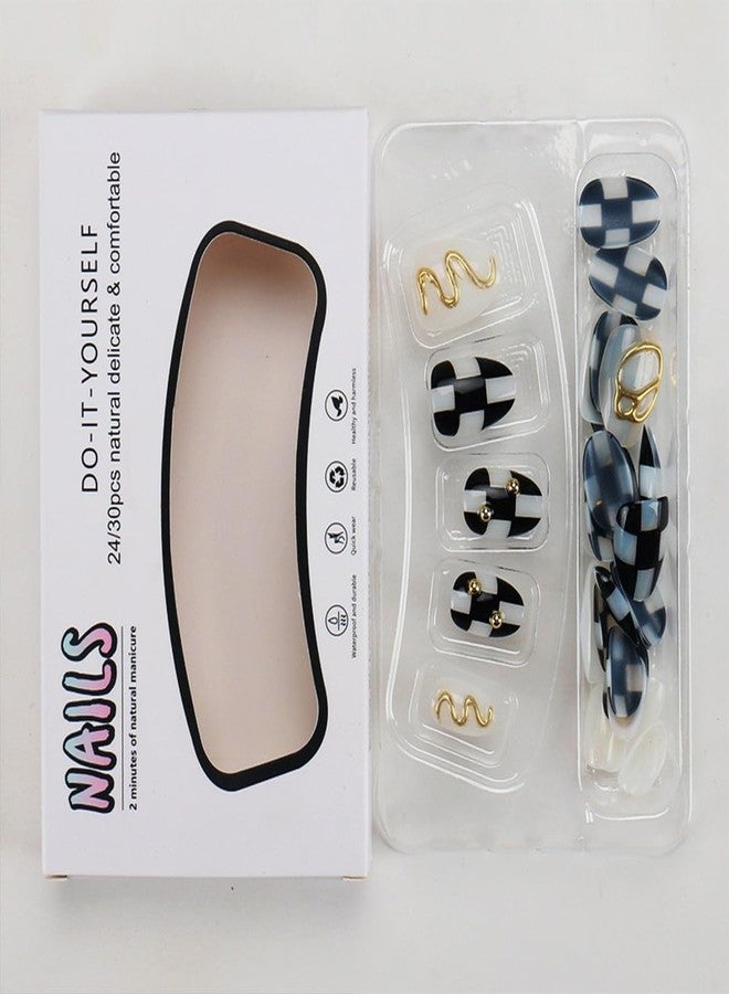 HJKDSFD 30Pcs Short Press on Nails Oval Shaped Fake Nails Black and White Checkerboard False Nails with Gold Chrome Design Pearl Glue on Nail Cute Natural Acrylic Artificial Nail for Women Girls - Image 4